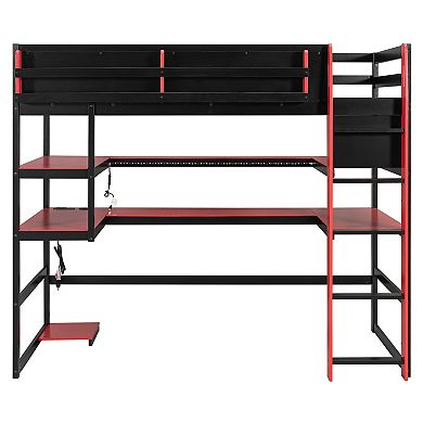 Trikiousd RGB Gaming Loft Bed Twin Size Wooden Bed Frame w/ Desk, Multi-Storage Shelves