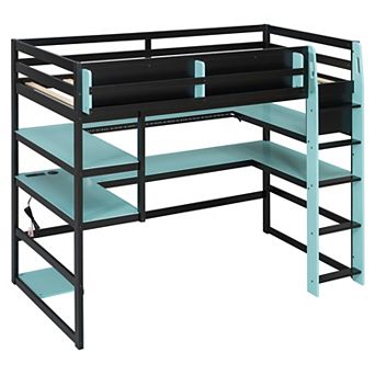 Trikiousd RGB Gaming Loft Bed Twin Size Wooden Bed Frame w/ Desk, Multi-Storage Shelves