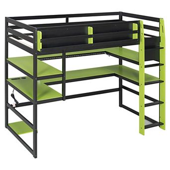 Trikiousd RGB Gaming Loft Bed Twin Size Wooden Bed Frame w/ Desk, Multi-Storage Shelves