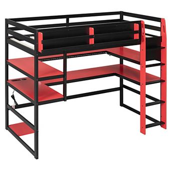 Trikiousd RGB Gaming Loft Bed Twin Size Wooden Bed Frame w/ Desk, Multi-Storage Shelves