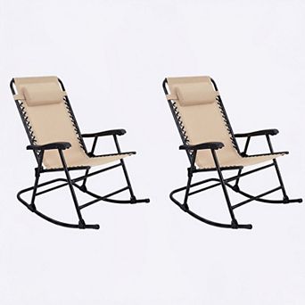 Trikiousd Outdoor Folding Rocking Chair Set of 2, Portable Leisure Rocking Chair with Headrest