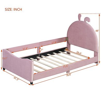 Trikiousd Twin Upholstered Platform Bed Kids Low-Profile Bed Frame w/Rabbit Ear Shaped Headboard