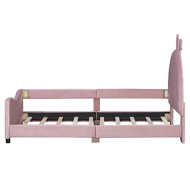 Trikiousd Twin Upholstered Platform Bed Kids Low-Profile Bed Frame w/Rabbit Ear Shaped Headboard