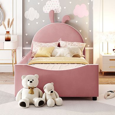 Trikiousd Twin Upholstered Platform Bed Kids Low-Profile Bed Frame w/Rabbit Ear Shaped Headboard