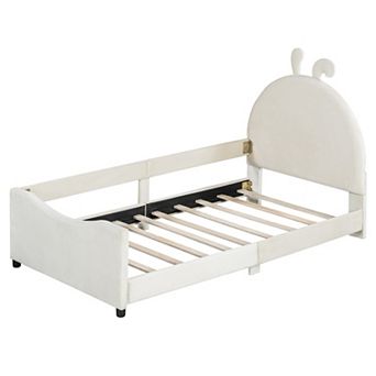 Trikiousd Twin Upholstered Platform Bed Kids Low-Profile Bed Frame w/Rabbit Ear Shaped Headboard