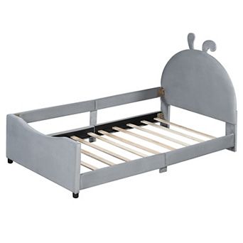 Trikiousd Twin Upholstered Platform Bed Kids Low-Profile Bed Frame w/Rabbit Ear Shaped Headboard