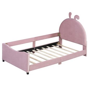 Trikiousd Twin Upholstered Platform Bed Kids Low-Profile Bed Frame w/Rabbit Ear Shaped Headboard