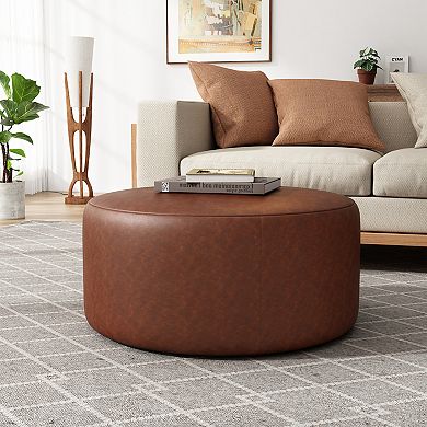 Trikiousd PU Leather Ottoman Upholstered Stool Round Footstool Side Table