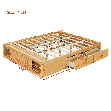 Trikiousd Queen Size Solid Wood Platform Bed w/ 4 Drawers & Footboard Storage Cubby, No Headboard
