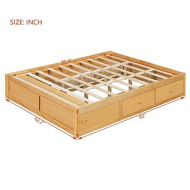 Trikiousd Queen Size Solid Wood Platform Bed w/ 4 Drawers & Footboard Storage Cubby, No Headboard
