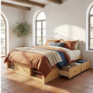 Trikiousd Queen Size Solid Wood Platform Bed w/ 4 Drawers & Footboard Storage Cubby, No Headboard