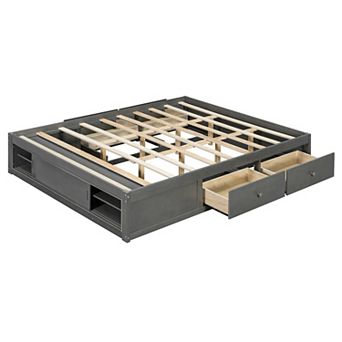 Trikiousd Queen Size Solid Wood Platform Bed w/ 4 Drawers & Footboard Storage Cubby, No Headboard
