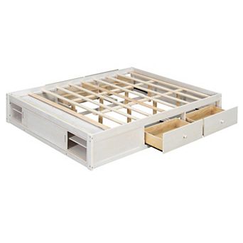Trikiousd Queen Size Solid Wood Platform Bed w/ 4 Drawers & Footboard Storage Cubby, No Headboard