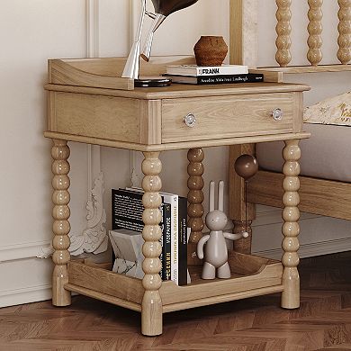 Trikiousd Retro Nightstand with Drawer and Open Shelf, Turned Legs Bedside Table Bedroom Side Table