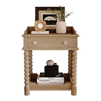 Trikiousd Retro Nightstand with Drawer and Open Shelf, Turned Legs Bedside Table Bedroom Side Table