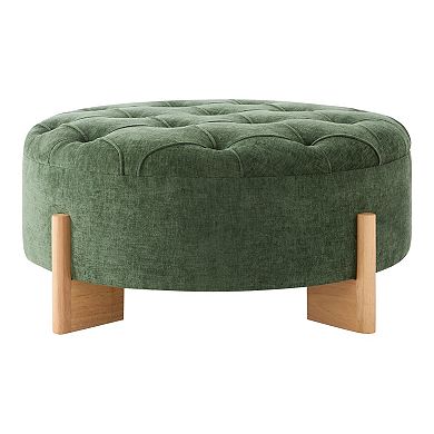 Trikiousd Round Ottoman with Solid Wood Legs, Modern Chenille Footrest End Table for Living Room