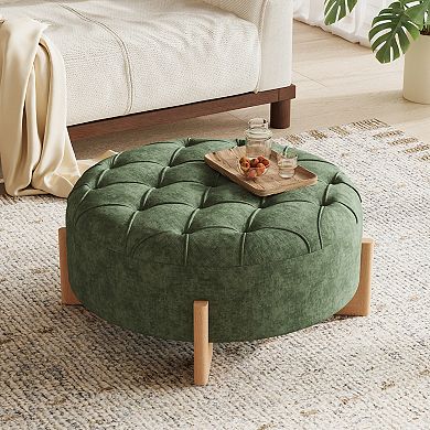 Trikiousd Round Ottoman with Solid Wood Legs, Modern Chenille Footrest End Table for Living Room