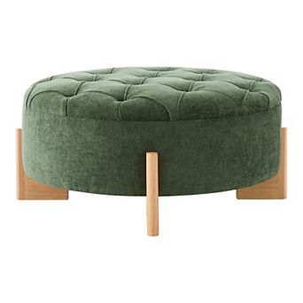 Trikiousd Round Ottoman with Solid Wood Legs, Modern Chenille Footrest End Table for Living Room