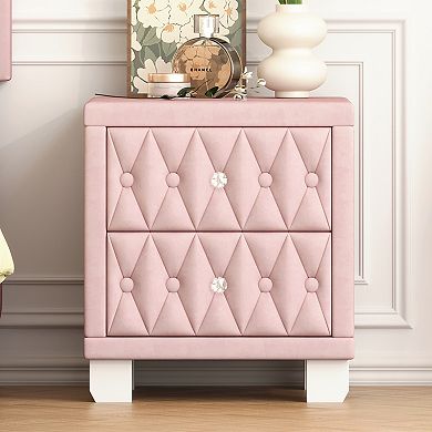 Trikiousd Velvet Nightstand with 2 Drawers, Crystal Handle Storage Bedside Table