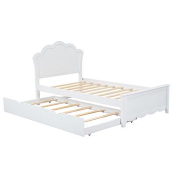 Trikiousd Platform Bed with Twin Size Trundle Bed Frame, Solid Wood Low Profile Bed with Headboard