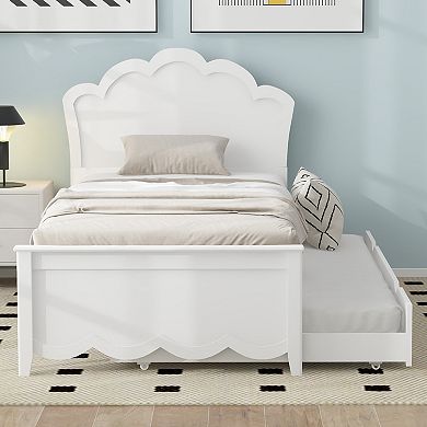 Trikiousd Platform Bed with Twin Size Trundle Bed Frame, Solid Wood Low Profile Bed with Headboard