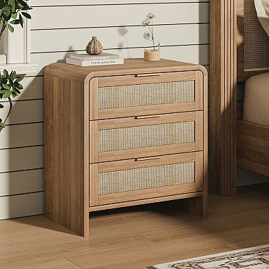 Trikiousd Boho Rattan Nightstand with Storage Drawers, Curved Wooden Bedside Table for Bedroom