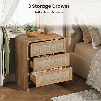 Trikiousd Boho Rattan Nightstand with Storage Drawers, Curved Wooden Bedside Table for Bedroom