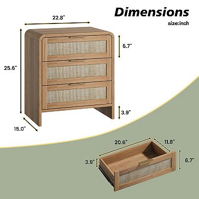 Trikiousd Boho Rattan Nightstand with Storage Drawers, Curved Wooden Bedside Table for Bedroom