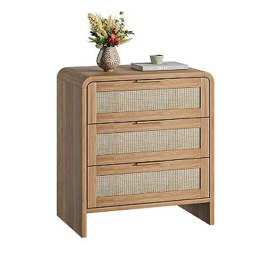 Trikiousd Boho Rattan Nightstand with Storage Drawers, Curved Wooden Bedside Table for Bedroom
