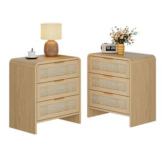 Trikiousd Boho Rattan Nightstand with Storage Drawers, Curved Wooden Bedside Table for Bedroom