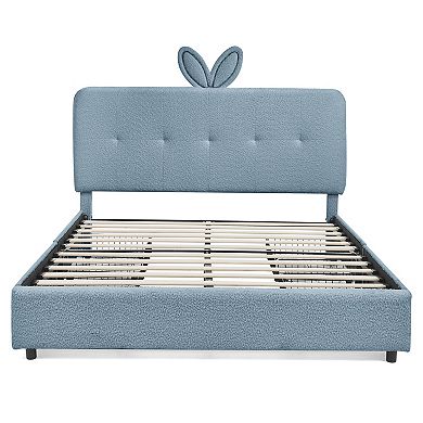 Trikiousd Queen Size Upholstered Platform Bed LED Kids Bed w/Rabbit Ear Headboard, 4 Storage Drawers