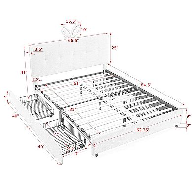 Trikiousd Queen Size Upholstered Platform Bed LED Kids Bed w/Rabbit Ear Headboard, 4 Storage Drawers
