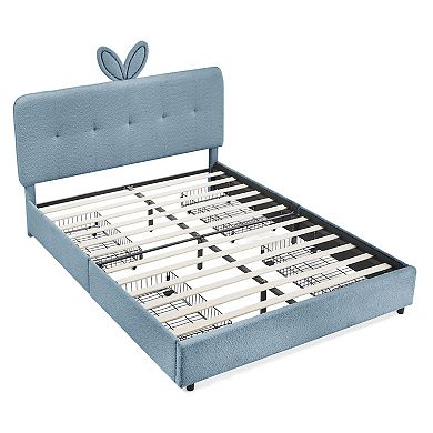 Trikiousd Queen Size Upholstered Platform Bed LED Kids Bed w/Rabbit Ear Headboard, 4 Storage Drawers