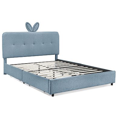 Trikiousd Queen Size Upholstered Platform Bed LED Kids Bed w/Rabbit Ear Headboard, 4 Storage Drawers