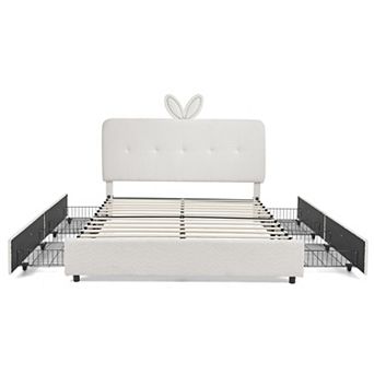 Trikiousd Queen Size Upholstered Platform Bed LED Kids Bed w/Rabbit Ear Headboard, 4 Storage Drawers