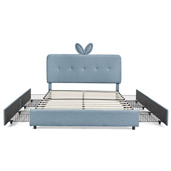 Trikiousd Queen Size Upholstered Platform Bed LED Kids Bed w/Rabbit Ear Headboard, 4 Storage Drawers