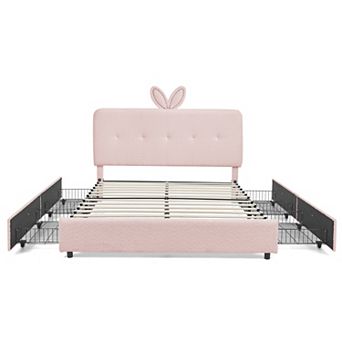 Trikiousd Queen Size Upholstered Platform Bed LED Kids Bed w/Rabbit Ear Headboard, 4 Storage Drawers