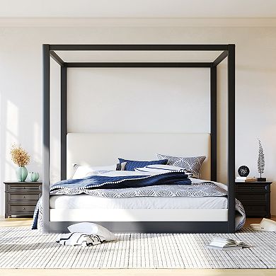Trikiousd Canopy Bed Frame Wood Grounding Platform Bed with Upholstered Headboard