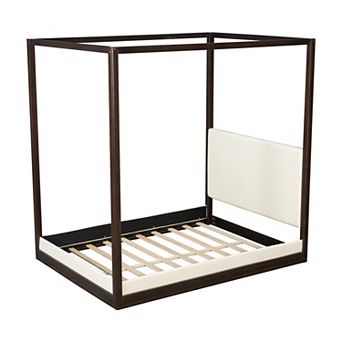Trikiousd Canopy Bed Frame Wood Grounding Platform Bed with Upholstered Headboard