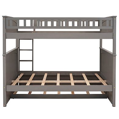 Trikiousd Solid Wood Full Over Full Bunk Bed w/ Trundle, Convertible to 2 Beds for Adults Kids Teens