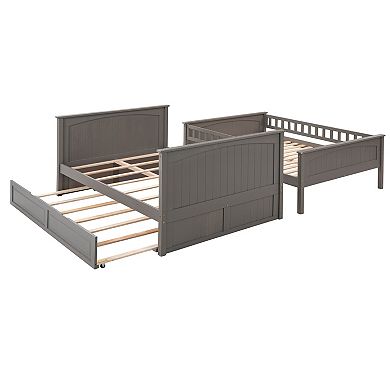 Trikiousd Solid Wood Full Over Full Bunk Bed w/ Trundle, Convertible to 2 Beds for Adults Kids Teens