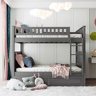Trikiousd Solid Wood Full Over Full Bunk Bed w/ Trundle, Convertible to 2 Beds for Adults Kids Teens
