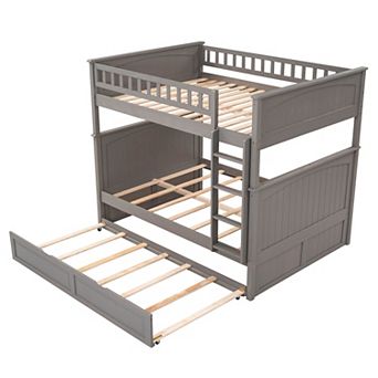 Trikiousd Solid Wood Full Over Full Bunk Bed w/ Trundle, Convertible to 2 Beds for Adults Kids Teens