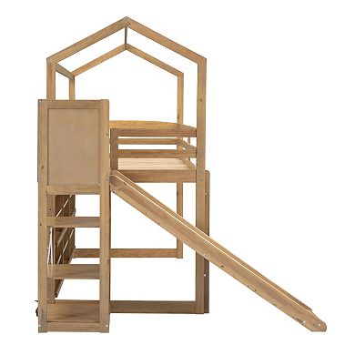 Trikiousd Twin Size House Loft Bed Wood Kids Bed Frame with Light, Slide & Storage Shelves