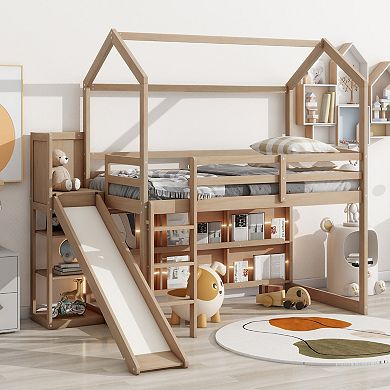 Trikiousd Twin Size House Loft Bed Wood Kids Bed Frame with Light, Slide & Storage Shelves