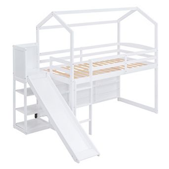 Trikiousd Twin Size House Loft Bed Wood Kids Bed Frame with Light, Slide & Storage Shelves