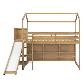 Trikiousd Twin Size House Loft Bed Wood Kids Bed Frame with Light, Slide & Storage Shelves