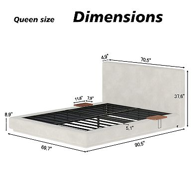 Trikiousd Square Upholstered Grounding Bed Low-Profile Platform Bed with Sliding Side Trays