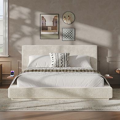 Trikiousd Square Upholstered Grounding Bed Low-Profile Platform Bed with Sliding Side Trays