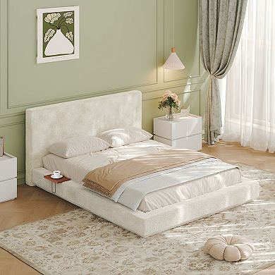 Trikiousd Square Upholstered Grounding Bed Low-Profile Platform Bed with Sliding Side Trays